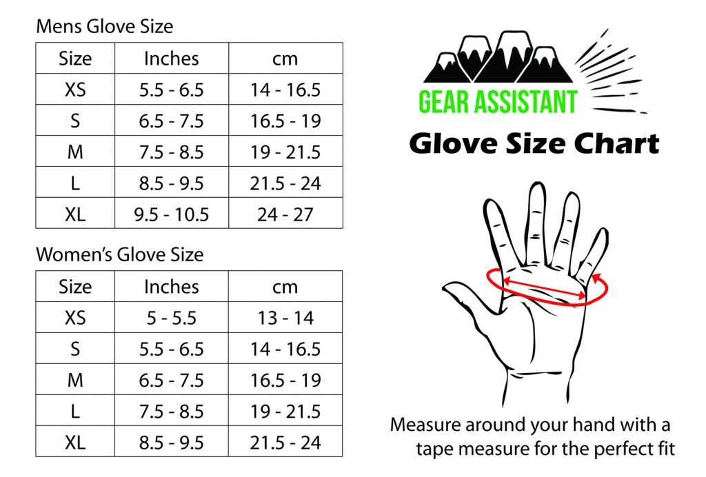 glove size chart table for skiing snowboarding