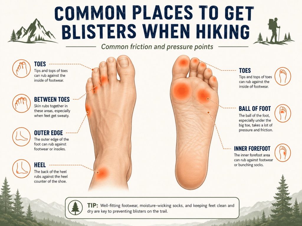 common places to get a blister from hiking
