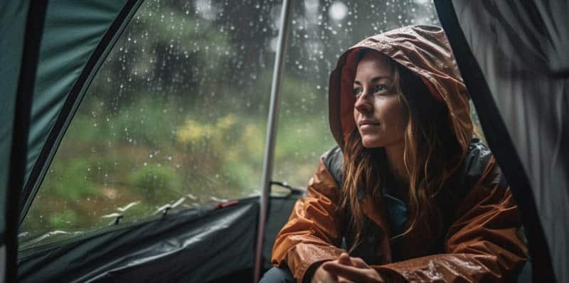 woman in waterproof tent while raining outside